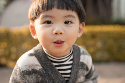 Close-up portrait of cute baby boy standing in park