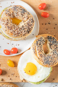 High angle view of breakfast served on table