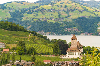 Beautiful village of spiez on lake thun in swiss alps near interlaken