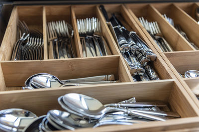 High angle view of objects on table