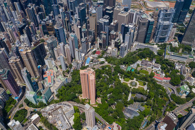 High angle view of modern buildings in city