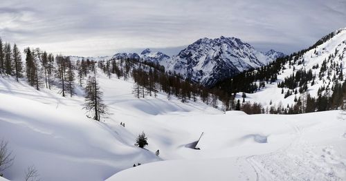 Scenic view of snow covered mountains against sky