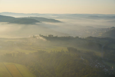 High angle view of landscape against sky during sunset