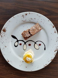 High angle view of dessert in plate on table