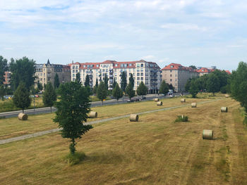Hay bale field against sky in a city with buildings behind.