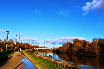 Scenic view of lake against blue sky