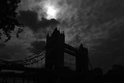Low angle view of suspension bridge against cloudy sky