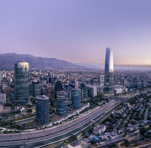 High angle view of cityscape against sky during sunset