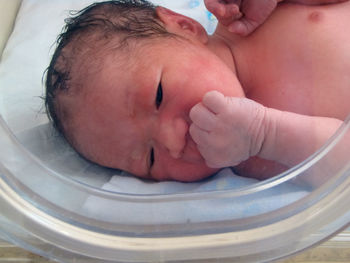 Newborn baby in a temperature-controlled cabinet