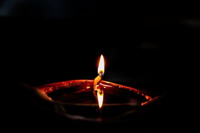 Close-up of lit candle in the dark