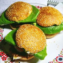 High angle view of burger in plate