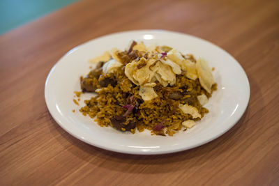 High angle view of meal served on table