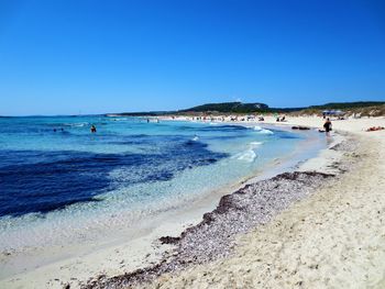 Scenic view of beach against clear blue sky