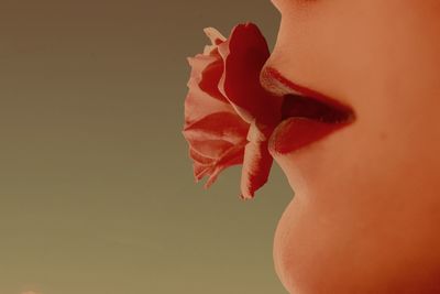 Close-up woman with rose in mouth against wall
