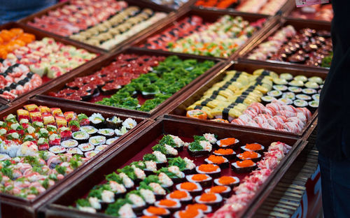 Close-up of sushi for sale in store