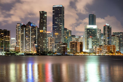 Illuminated buildings in city against sky