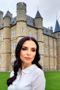 Portrait of young woman standing against buildings