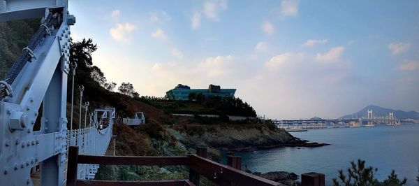 Panoramic view of city by sea against sky