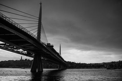 Low angle view of bridge over river in city against sky