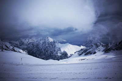 Scenic view of snow covered mountains against sky