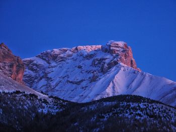 Scenic view of snowcapped mountains against clear blue sky