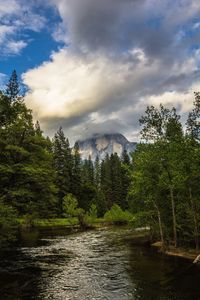 Scenic view of river against cloudy sky