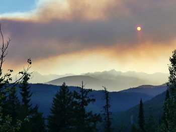 Scenic view of mountains against sky at sunset