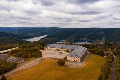 Aerial view of ns-ordensburg vogelsang, germany. rur lake.