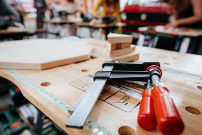 High angle view of tools on table