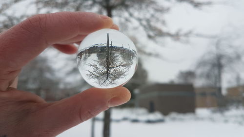 Cropped hand of person holding crystal ball during winter