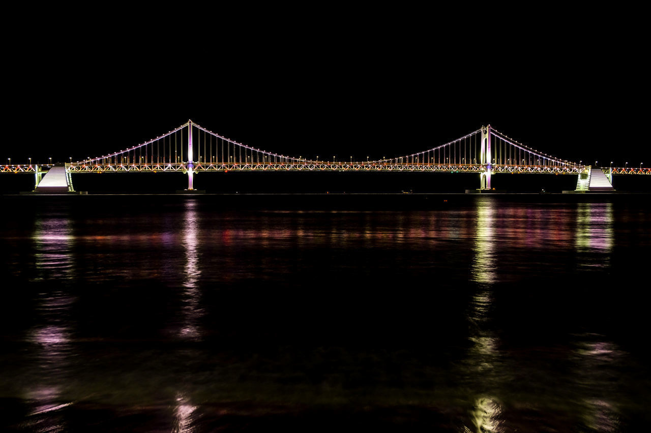 ILLUMINATED SUSPENSION BRIDGE OVER RIVER AT NIGHT