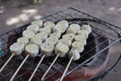 High angle view of food on barbecue grill