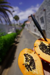 Close-up of orange fruit on table