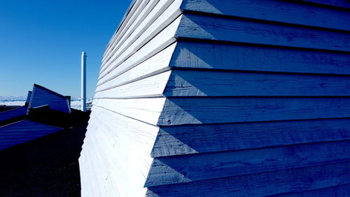 Low angle view of modern building against clear blue sky