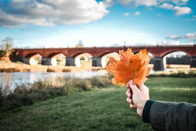 Man holding autumn leaf on bridge against sky