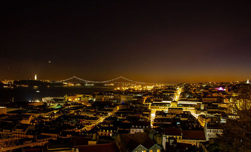 High angle view of illuminated city buildings against clear sky