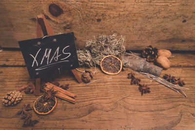 High angle view of text on wooden table