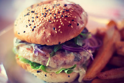 Close-up of hamburger with french fries served in plate