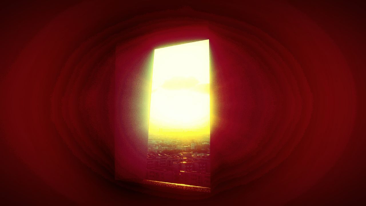 indoors, window, glass - material, transparent, home interior, curtain, red, sun, built structure, dark, architecture, sunlight, no people, orange color, pattern, geometric shape, close-up, illuminated, house, glowing