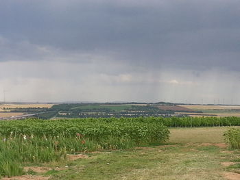 Scenic view of field against cloudy sky