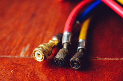 High angle view of equipment on table