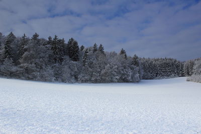 Snow covered field against sky