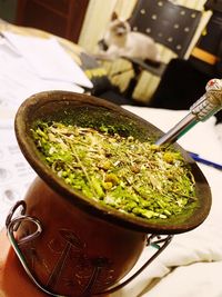 High angle view of rice in bowl on table