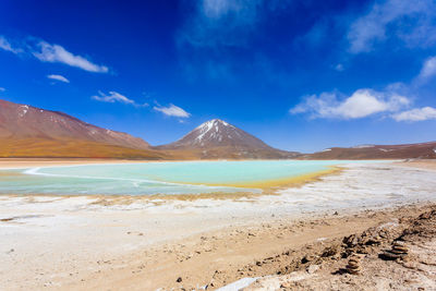 Scenic view of beach against blue sky