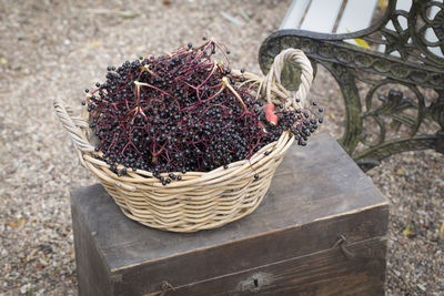 High angle view of strawberries in basket