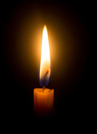 Close-up of burning candle against black background