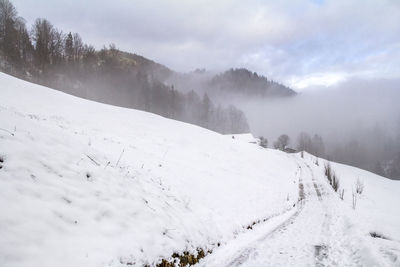 Scenic view of snow covered landscape against sky