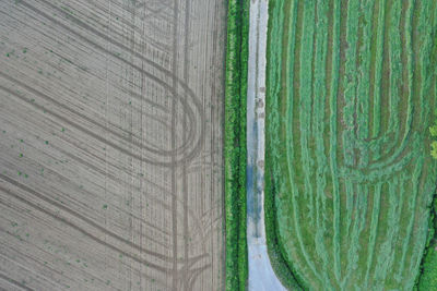 Full frame aerial shot of farmland and asphalt road in the middle