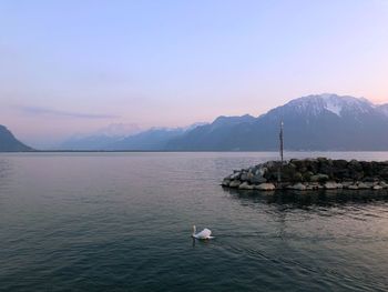 Scenic view of lake and mountains against sky