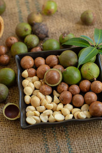 High angle view of fruits in bowl on table